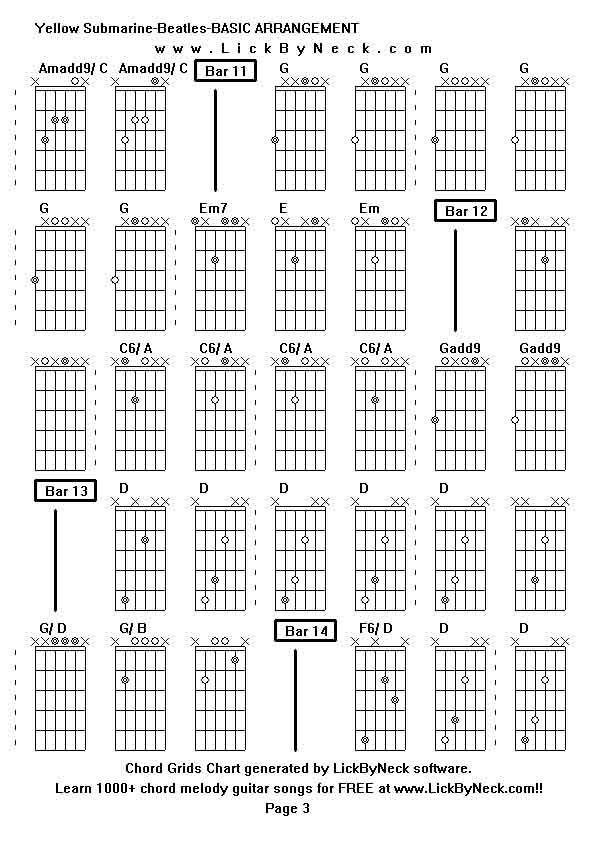 Chord Grids Chart of chord melody fingerstyle guitar song-Yellow Submarine-Beatles-BASIC ARRANGEMENT,generated by LickByNeck software.